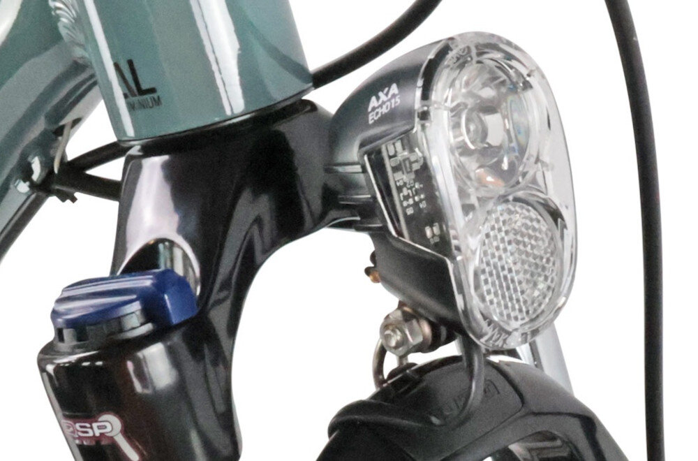 Rower trekkingowy INDIANA X-Road 4.0 M17 28 cali męski Ciemno-szary zbliżenie na przednią lampę bezpieczeństwo przednie i tylne oświetlenie odpowiednia widoczność bezpieczeństwo na drodze wymagane przez prawo drogowe