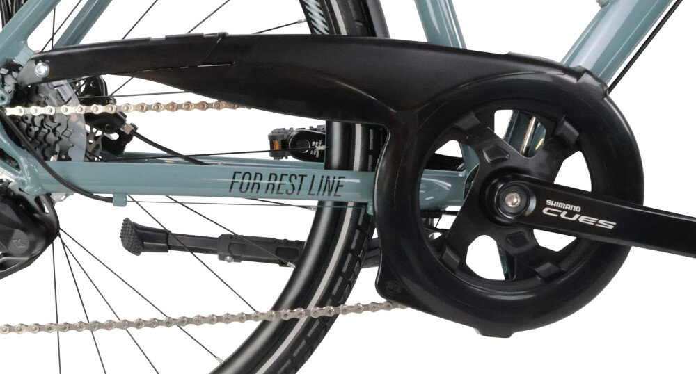 Rower trekkingowy INDIANA X-Road 4.0 M23 28 cali męski Ciemno-szary zbliżenie na osłonę łańcucha lekka wydajna konstrukcja korby SHIMANO typu FC-U4000-1 W/Chainguard 42T/170 9 Speed kaseta SHIMANO typu CS-LG300-9 9V 11-36T wytrzyma bardzo duży nacisk na pedały osłona łańcucha ochrona przed brudem długa żywotność
