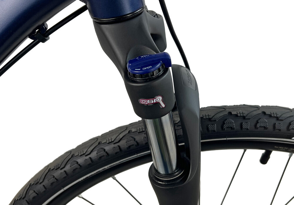 Rower crossowy INDIANA X-Cross 5.0 M23 28 cali męski Ciemnoszary zbliżenie na amortyzator rower typu hardtail przedni amortyzator marki SUNTOUR typ NEX-HLO RL 700C ułatwia najeżdżanie na przeszkody niweluje wstrząsy niska masa roweru duża sztywność regulacja za pomocą sprężyny obsługa poprzez manetki