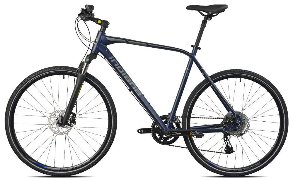 Rower crossowy INDIANA X-Cross 5.0 M23 28 cali męski Ciemnoszary rower na białym tle widoczny z boku specjalne gwinty możliwość przymocowania uchwytu na bidon odblaski dobrze widoczny na drodze bezpieczna jazda dzwonek na kierownicy