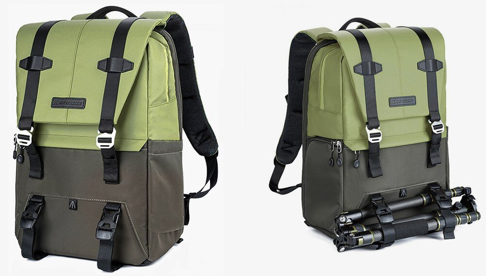 Pplecak K&F z paskami i klamrami; po prawej ten sam z przypiętym statywem