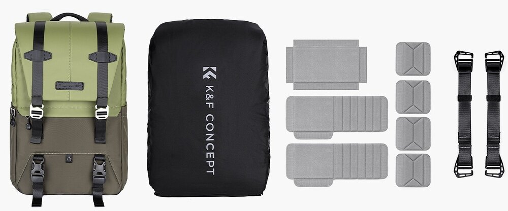 Plecak K&F, pokrowiec przeciwdeszczowy, szare przegrody na rzep i dwa paski mocujące z klamrami