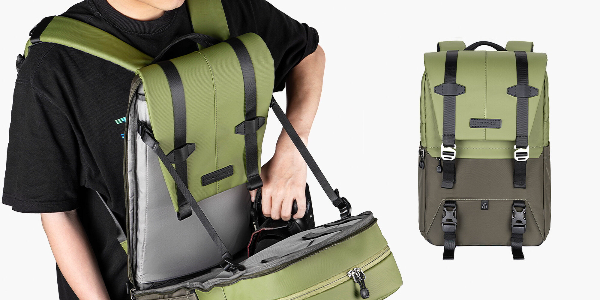 Osoba wyciąga aparat z otwartego  plecaka K&F; obok widok plecaka z przodu na białym tle