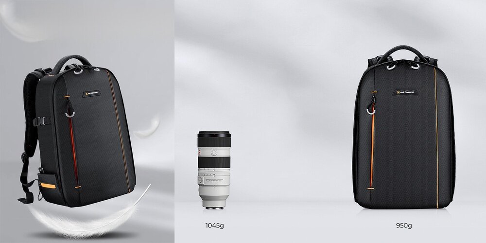 Kolaż: czarny plecak z pomarańczowym suwakiem oraz obok porównanie z obiektywem 1045 g i plecakiem 950 g