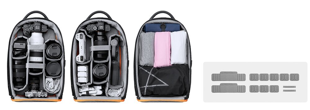 Otwarty plecak z aparatem, obiektywami i akcesoriami fotograficznymi w uporządkowanych przegrodach