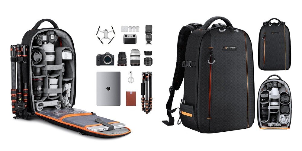 Wnętrze plecaka z aparatem, dronem, obiektywami i miejscem na laptopa