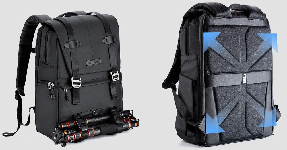 Pplecak K&F z paskami i klamrami; po prawej ten sam z przypiętym statywem