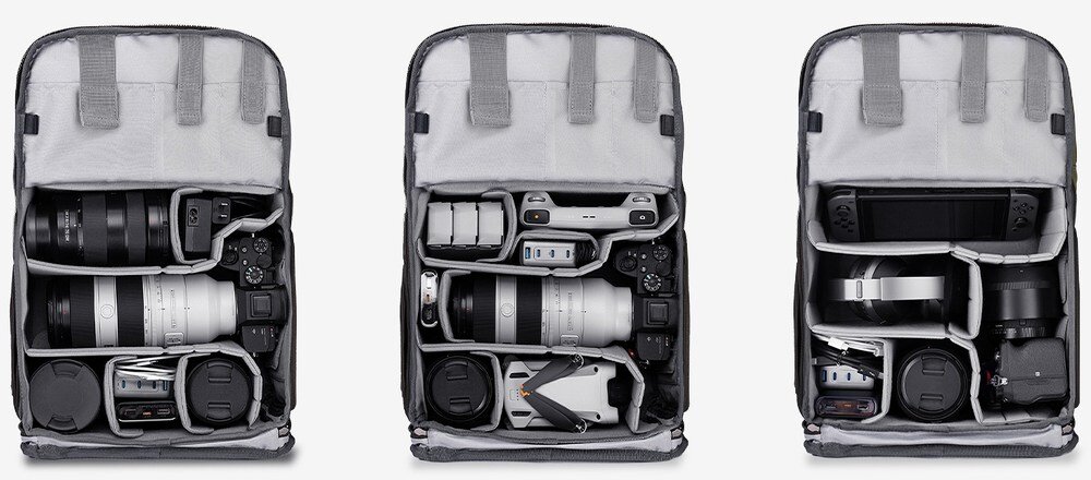 Trzy otwarte plecaki z przegrodami, w środku aparaty, obiektywy, dron, baterie oraz konsola przenośna