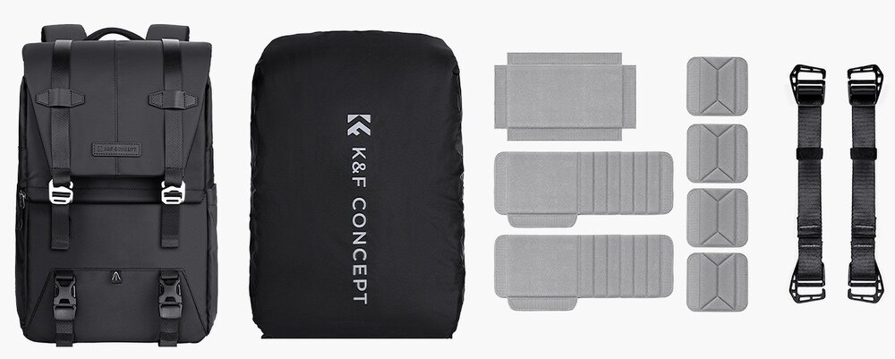 Plecak K&F, pokrowiec przeciwdeszczowy, szare przegrody na rzep i dwa paski mocujące z klamrami