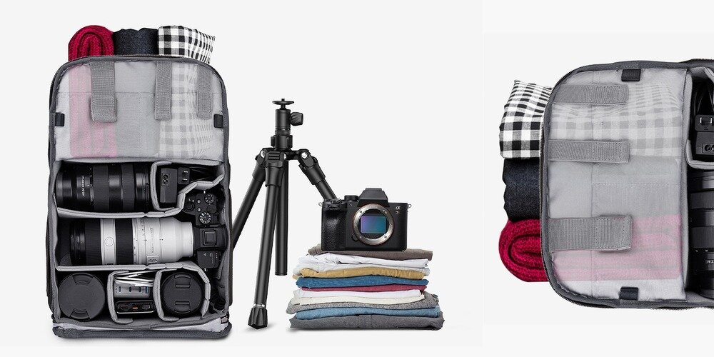 Otwarty plecak z aparatami i obiektywami oraz ubraniami na górze; obok statyw, aparat na stosie ubrań i zbliżenie kieszeni