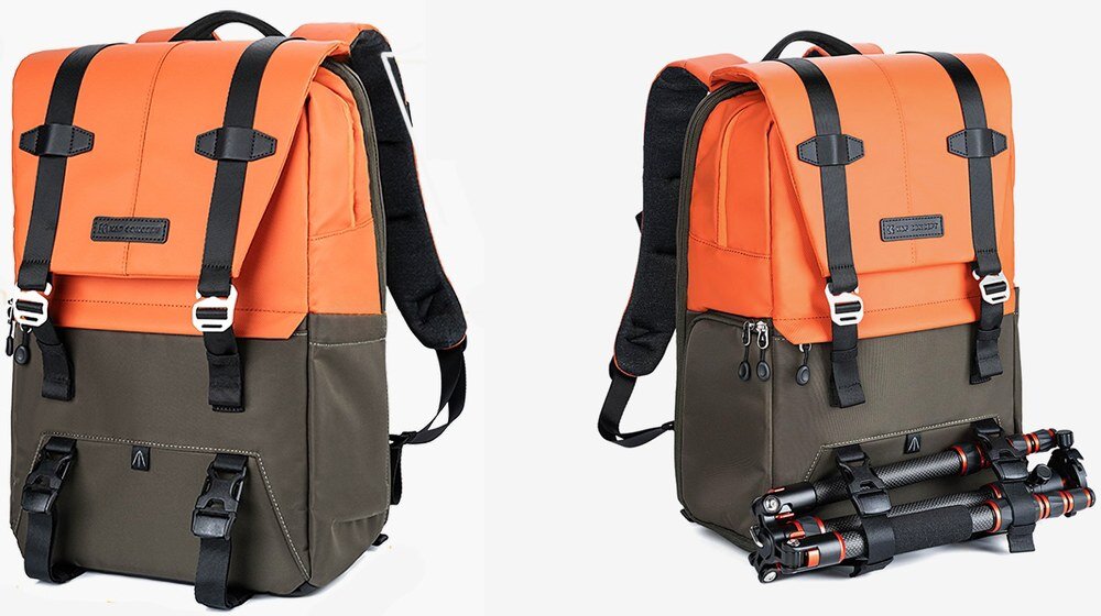 Pplecak K&F z paskami i klamrami; po prawej ten sam z przypiętym statywem