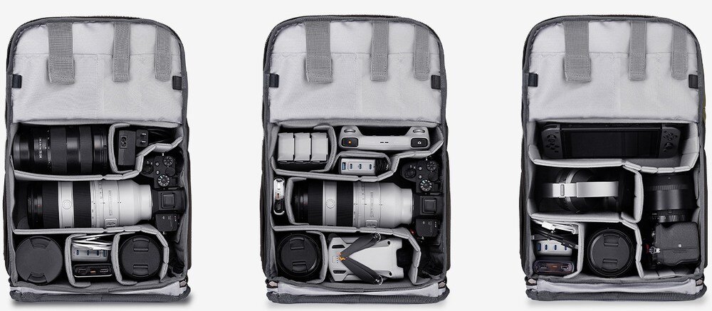 Trzy otwarte plecaki z przegrodami, w środku aparaty, obiektywy, dron, baterie oraz konsola przenośna
