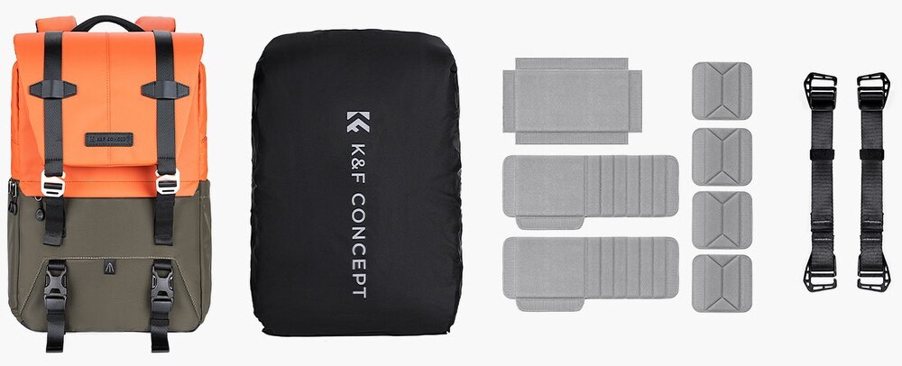 Plecak K&F, pokrowiec przeciwdeszczowy, szare przegrody na rzep i dwa paski mocujące z klamrami