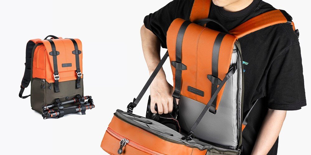 Osoba wyciąga aparat z otwartego  plecaka K&F; obok widok plecaka z przodu na białym tle