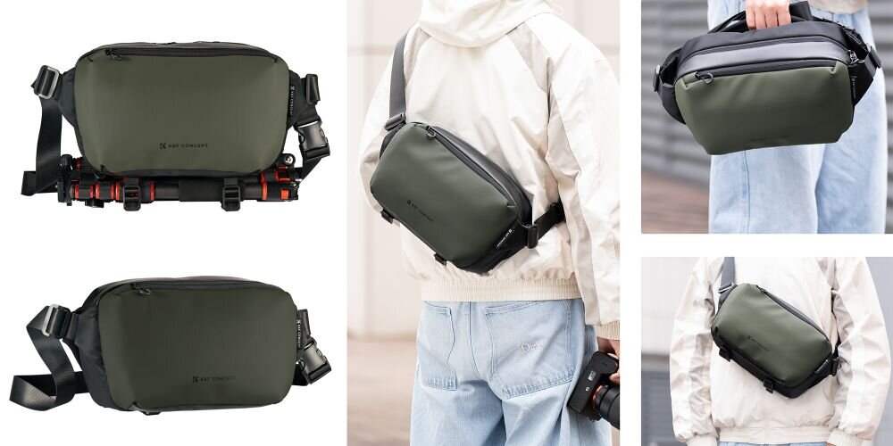 Po lewo dwa ujęcia produktowe Alpha Sling Bag 10 l. Po prawo 3 sposoby noszenia torby  zaprezentowane przez młodego mężczyznę