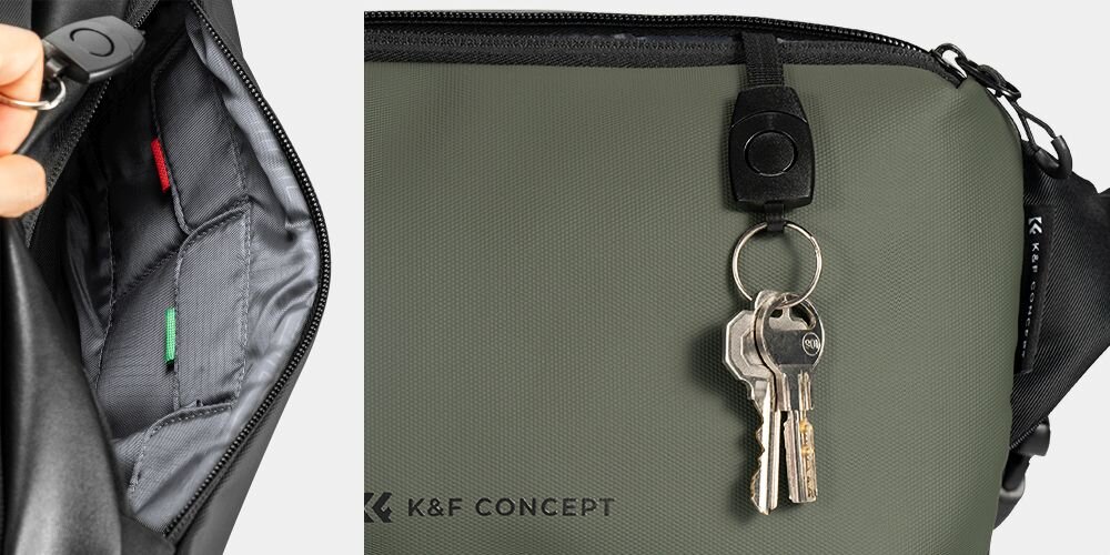 Po lewo ktoś chwyta za zaczep na klucze. Po prawo zaczep z kluczami zwisa na zewnątrz torby K&F Concept Alpha Sling Bag 10 l