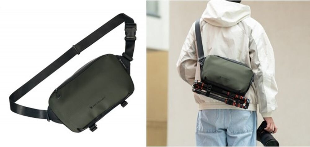 Po lewo zdjęcie torby K&F Concept Alpha Sling Bag 10 l z regulowanym paskiem. Po prawo torba zawieszona przez tułów fotografa