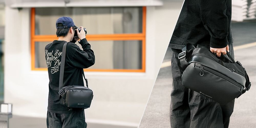 Po lewo młodzieniec z zawieszoną przez ramię torbą Alpha Sling Bag robi zdjęcia. Po prawo młodzieniec trzyma torbę w ręku