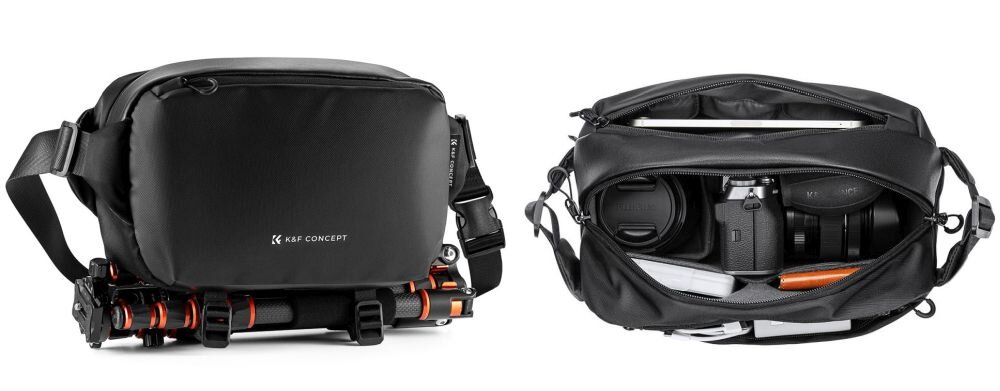 Po lewo  czarna torba K&F Concept Alpha Sling Bag 10 l z przymocowanych od spodu statywem. Po prawo rzut od góry na zawartość torby