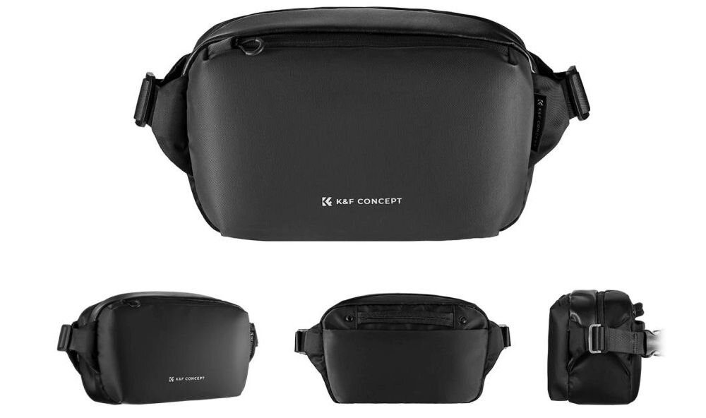 Od góry torba K&F Concept Alpha Sling Bag 10 l. Pod nią 3 ujęcia torby z różnych stron – od przodu, od tyłu i z boku
