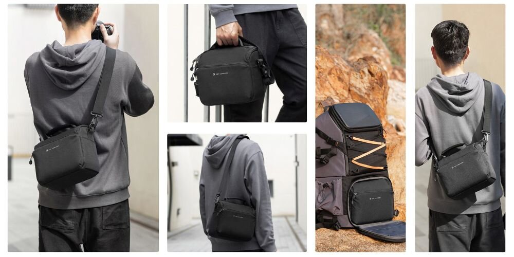 Sześć ujęć z różnych stron 5 litrowej czarnej torby K&F Concept Camera Sling Bag na szarym tle