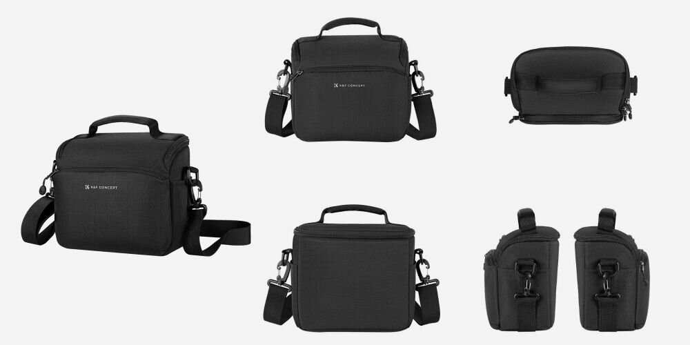 Torba K&F Concept Camera Sling Bag 5 l czarna trzymana i noszona na różne sposoby – w ręku, przez ramię, na ramieniu