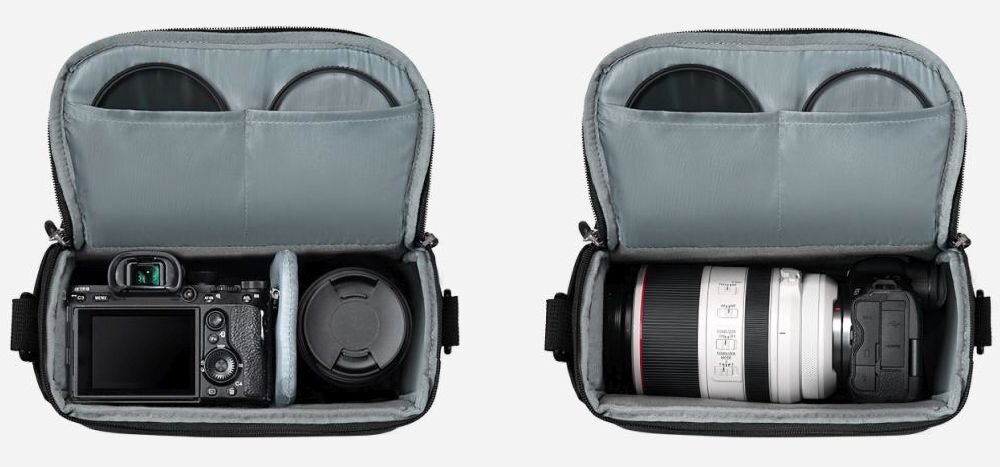 2 rzuty z góry na czarną torbę Camera Sling Bag 5 l. Po lewo aparat odgrodzony od obiektywu przekładką. Po prawo sam obiektyw 