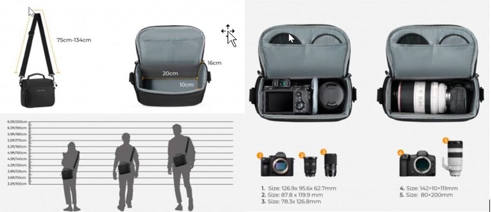 Grafika ukazująca wymiary torby K&F Concept Camera Sling Bag i sprzętów fotograficznych w niej pochowanych