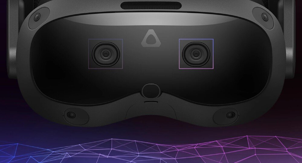 Gogle VR HTC Vive Focus Vision przód gogli z zaznaczonymi kamerami trybu passthrough mieszana rzeczywistość