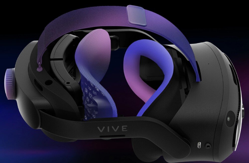 Gogle VR HTC Vive Focus Vision widok od boku z podświetlonymi poduszkami na twarz i tył regulowany pasek ergonomia