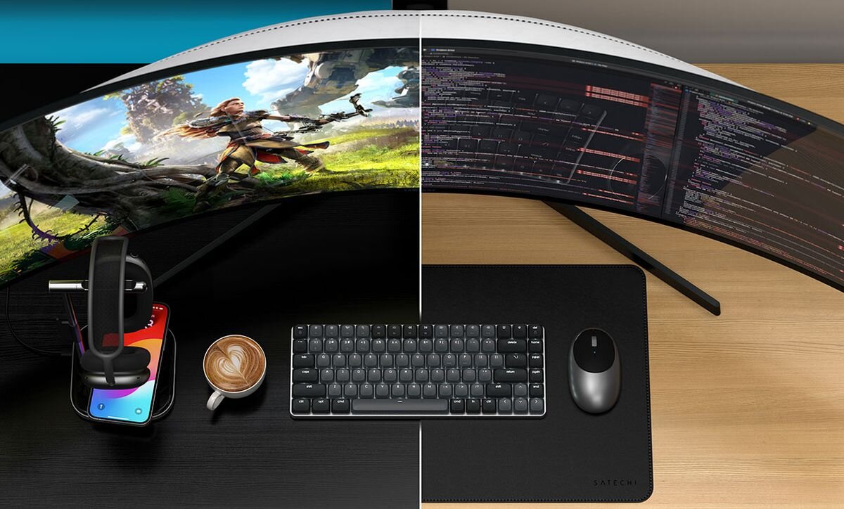 SATECHI Slim SM1 współpracuje z macOS, Windows oraz iPadOS układ klawiszy skróty sprawne przełączanie się między urządzeniami - klawiatura z myszką przed monitorem, obok kawa