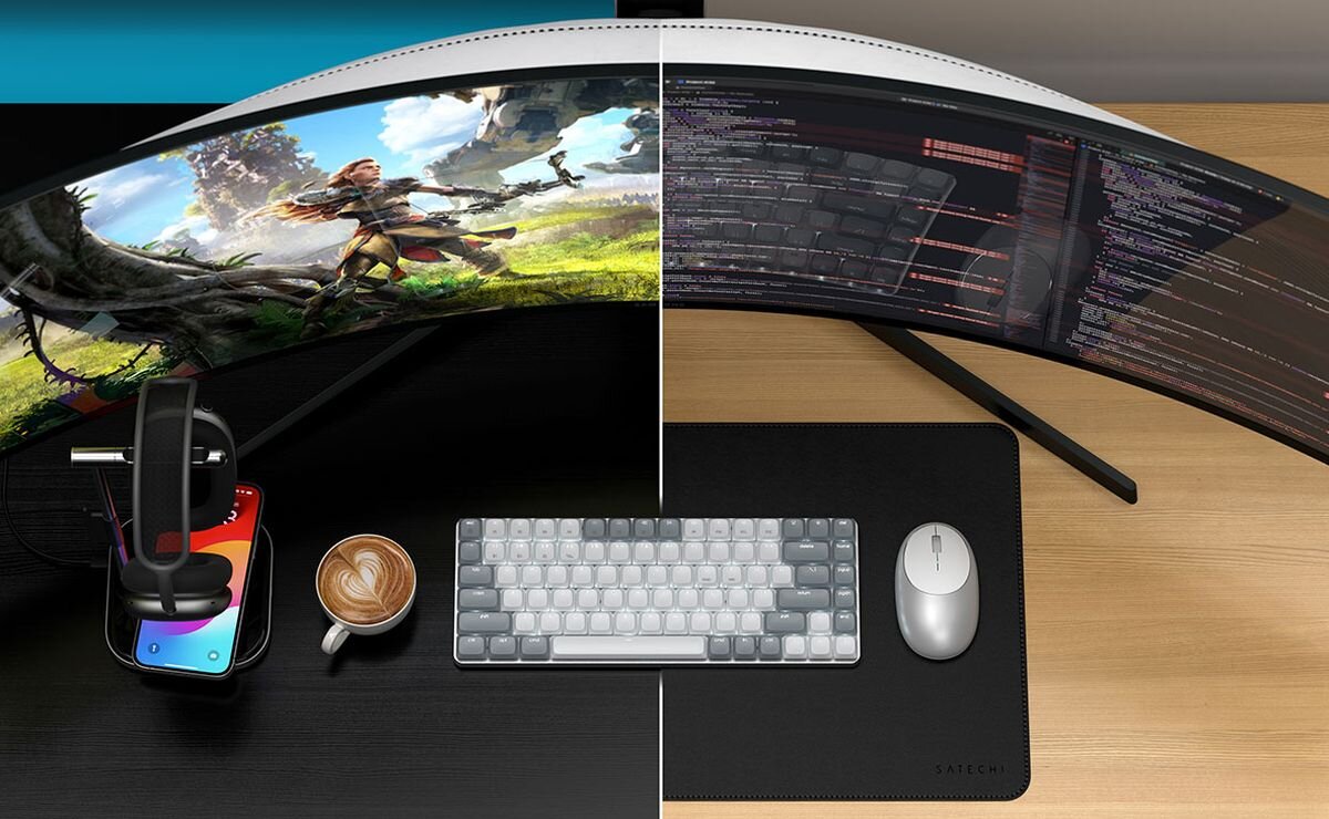 SATECHI Slim SM1 współpracuje z macOS, Windows oraz iPadOS układ klawiszy skróty sprawne przełączanie się między urządzeniami - klawiatura z myszką przed monitorem, obok kawa