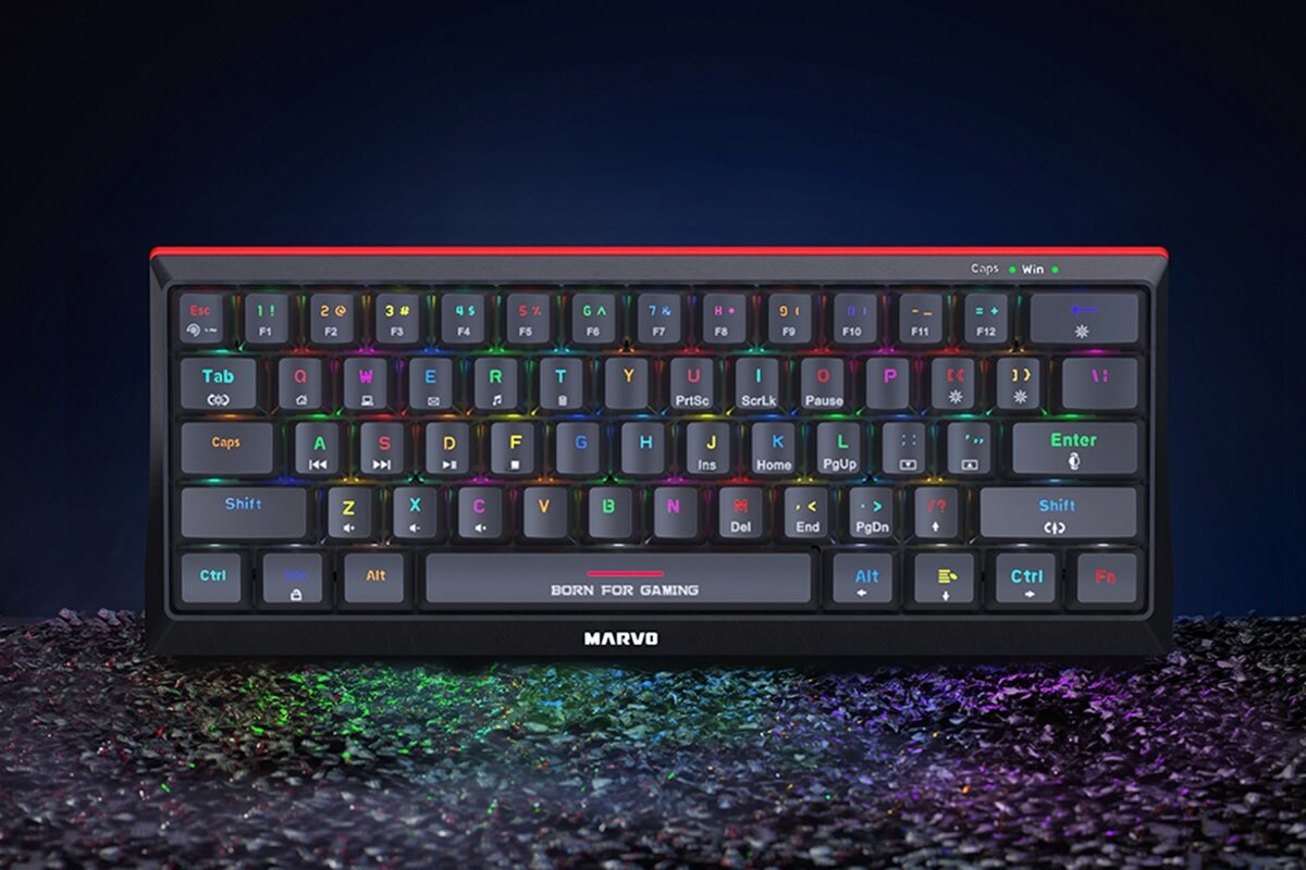 Klawiatura MARVO KG962 Hecate 61R konfigurowalne podświetlenie RGB dynamiczne tryby i efektywbudowane funkcje umożliwiają regulację jasności
oraz prędkości animacji