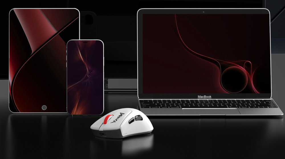 MARVO Monka Rapid - myszka na tle laptopa smartfona i tableta