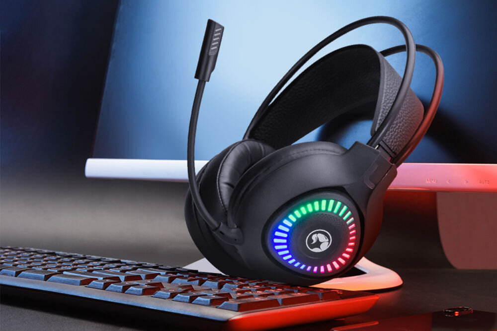 Słuchawki MARVO H8325 - słuchawki z podwójnym złączem 3.5 mm i USB do PC i konsol, słuchawki oparte o monitor, klawiatura
