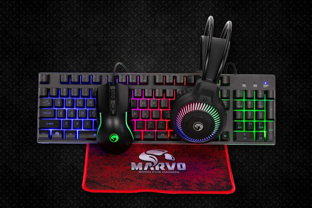 Marvo LOOT 40 na zdjęciu kompletny zestaw klawiatura mysz podkladka słuchawki