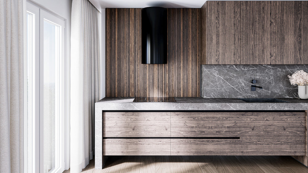 Okap LANILIA Newelio 39.1 Zbliżenie na czarny okap tuba pokazuje dolną część urządzenia z metalowym filtrem na tle ściany wykończonej płytami o marmurowym wzorze komfort gotowania usuwanie zapachów para tłuszcz świeże powietrze kolor czarny