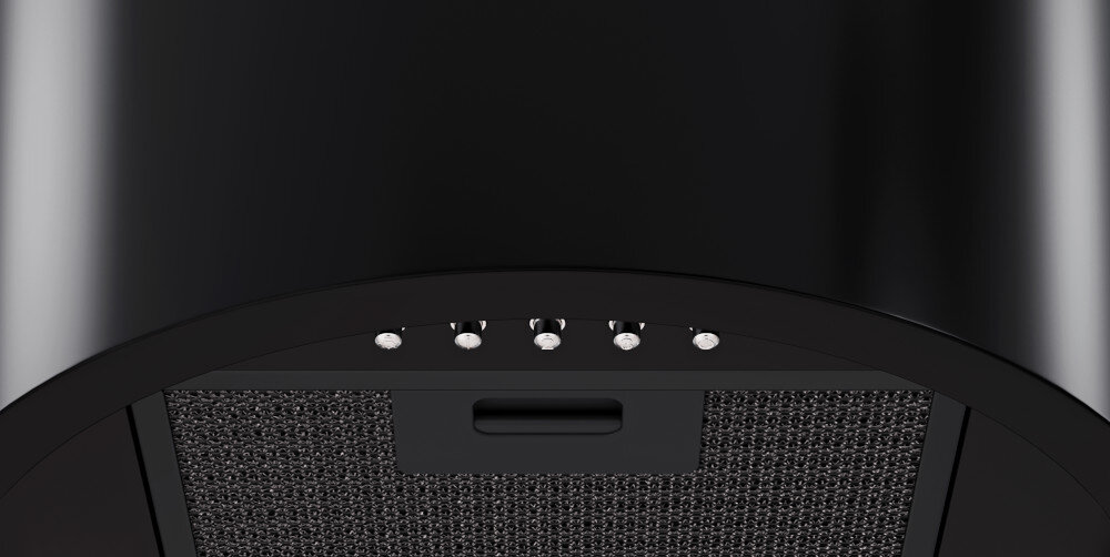 Okap LANILIA Newelio 39.1 Zbliżenie na spód okapu pokazuje metalowy filtr przeciwtłuszczowy oraz rząd okrągłych przycisków mechanicznych z oznaczeniami wzdłuż krawędzi obudowy intuicyjne sterowanie przyciskowe pełna kontrola łatwe użytkowanie elegancki wygląd estetyczny design