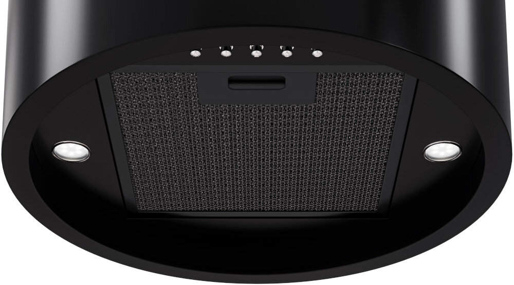 Okap LANILIA Newelio 39.1 Widok od spodu pokazuje okrągłą podstawę czarnego okapu z centralnie umieszczonym, metalowym filtrem przeciwtłuszczowym i dwoma żarówkami LED po bokach