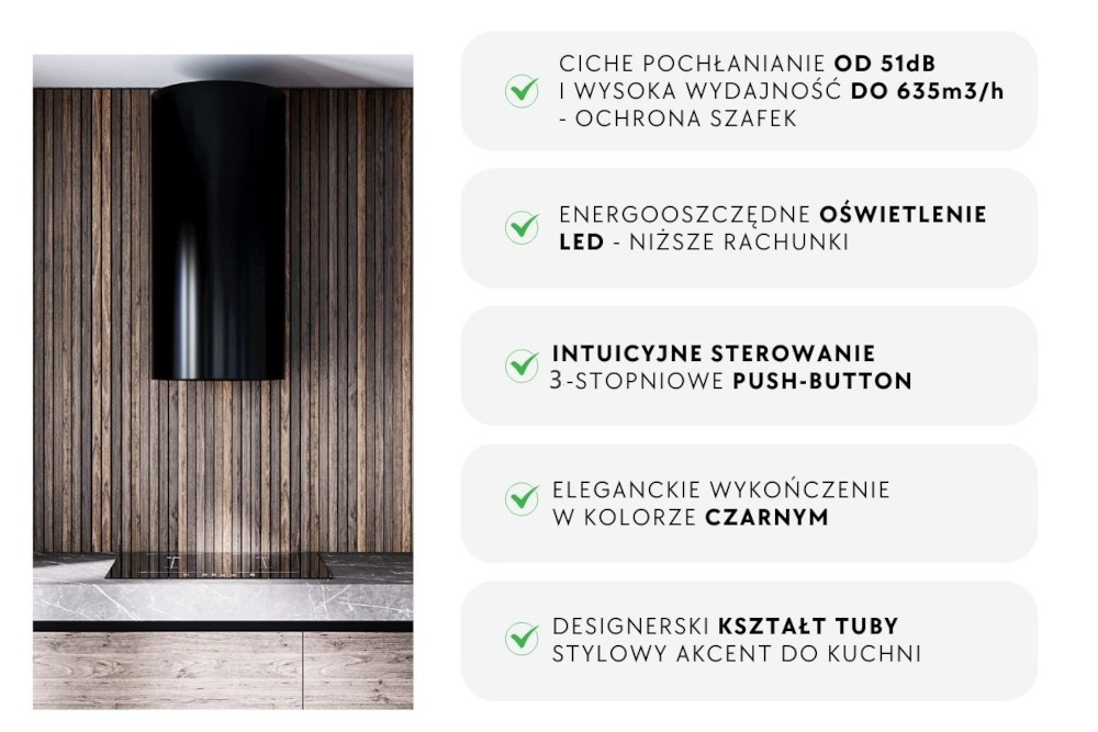 Okap LANILIA Newelio 39.1 Po lewej stronie widać czarny okap w kształcie tuby zawieszony nad płytą indukcyjną na tle ściany z marmurowym wzorem. Po prawej stronie znajduje się zestaw wypunktowanych zalet urządzenia: ciche pochłanianie do 635 m³/h, energooszczędne LED, 4‑stopniowe sterowanie push‑button, białe wykończenie i designerski kształt tuby