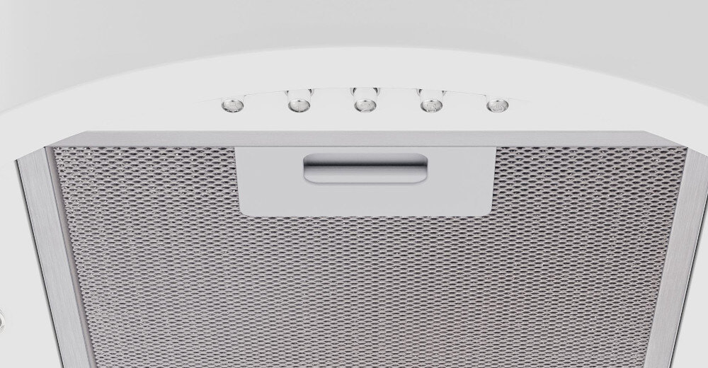 Okap LANILIA Newelio 39.1 Zbliżenie na spód okapu pokazuje metalowy filtr przeciwtłuszczowy oraz rząd okrągłych przycisków mechanicznych z oznaczeniami wzdłuż krawędzi obudowy intuicyjne sterowanie przyciskowe pełna kontrola łatwe użytkowanie elegancki wygląd estetyczny design