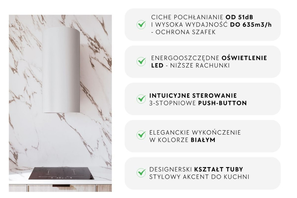 Okap LANILIA Newelio 39.1 Po lewej stronie widać biały okap w kształcie tuby zawieszony nad płytą indukcyjną na tle ściany z marmurowym wzorem. Po prawej stronie znajduje się zestaw wypunktowanych zalet urządzenia: ciche pochłanianie do 635 m³/h, energooszczędne LED, 4‑stopniowe sterowanie push‑button, białe wykończenie i designerski kształt tuby