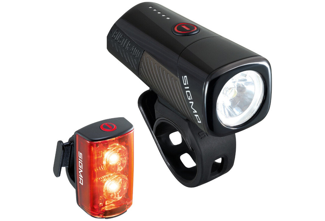 Zestaw lampek rowerowych SIGMA Buster 400 Set W RL 80 wskaźnik naładowania Diody LED informacja powiadomienie precyzja wskaźnik