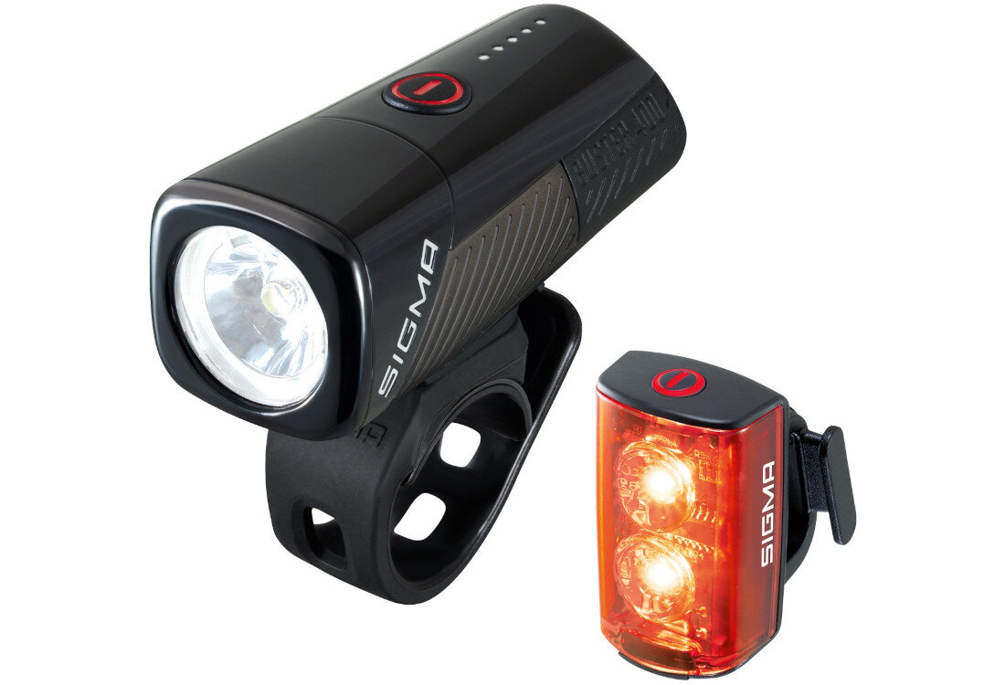 Zestaw lampek rowerowych SIGMA Buster 400 Set W RL 80 Równomierne oświetlenie dioda LED równomierne oświetlenie  droga kąt świecenia bezpieczeństwo