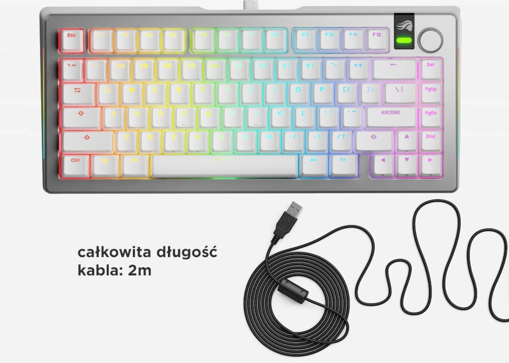 Glorious GMMK 3 Barebones Solidna konstrukcja odporność 335 x 125 x 42,5 mm - klawiatura z podświetleniem rgb od góry, obok kabel z końcówką USB-A