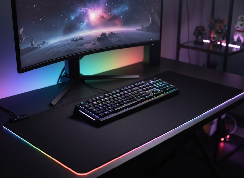 GLORIOUS GMMK 3 Prebuilt HE - klawiatura na gamingowym biurku z zakrzywionym monitorem