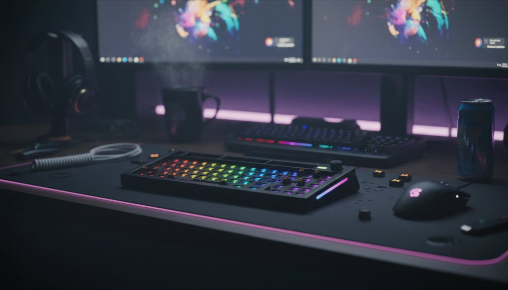 GLORIOUS GMMK 3 Barebones Pro - klawiatura na gamingowym biurku z zakrzywionym monitorem