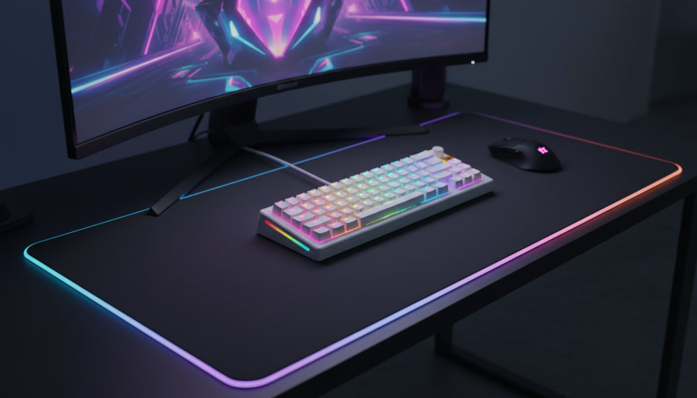 GLORIOUS GMMK 3 - klawiatura na gamingowym biurku z zakrzywionym monitorem