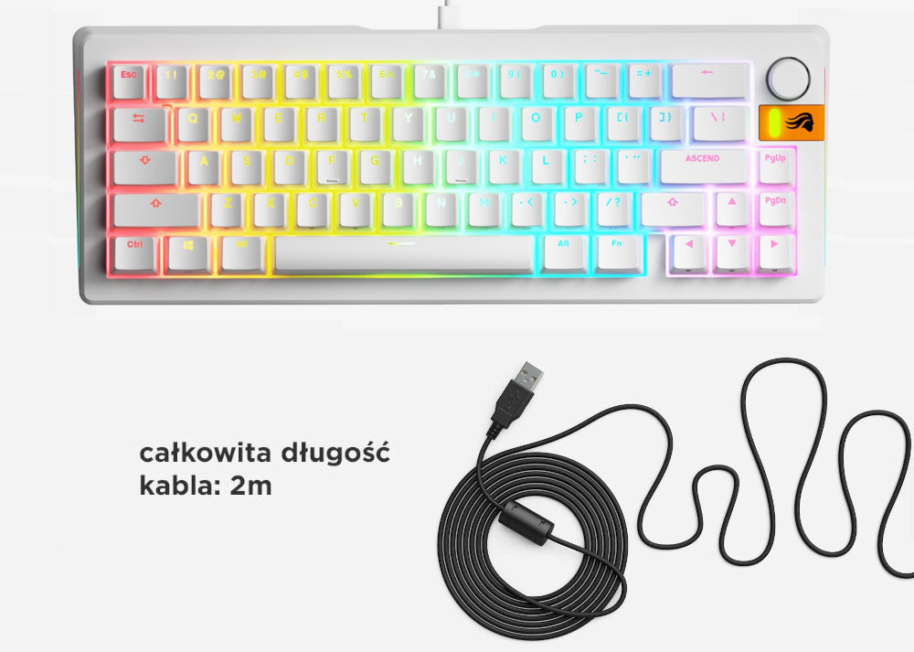 Glorious GMMK 3 Prebuilt Solidna konstrukcja odporność 335 x 125 x 42,5 mm - klawiatura z podświetleniem rgb od góry, obok kabel z końcówką USB-A