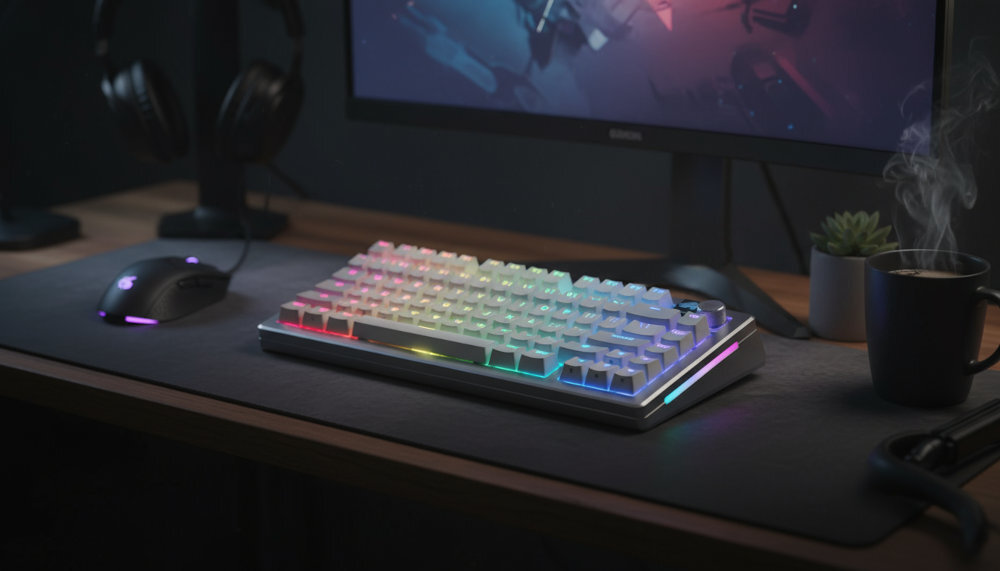 GLORIOUS GMMK 3 Pro - klawiatura na gamingowym biurku z zakrzywionym monitorem